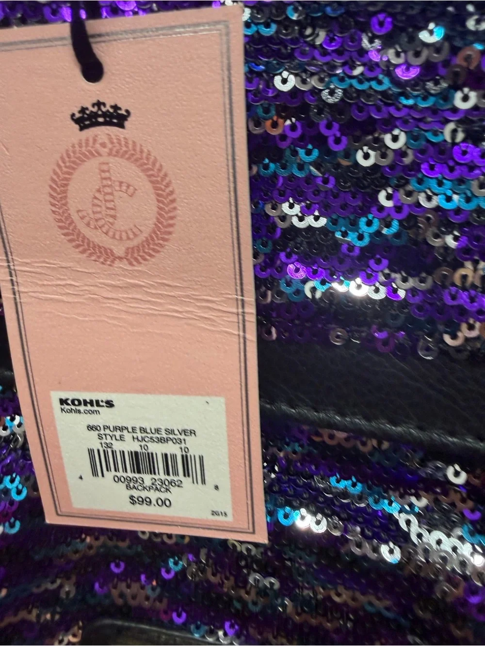 NWT Juicy Couture Purple Sequin Backpack with Black Trim and Gold Hardware